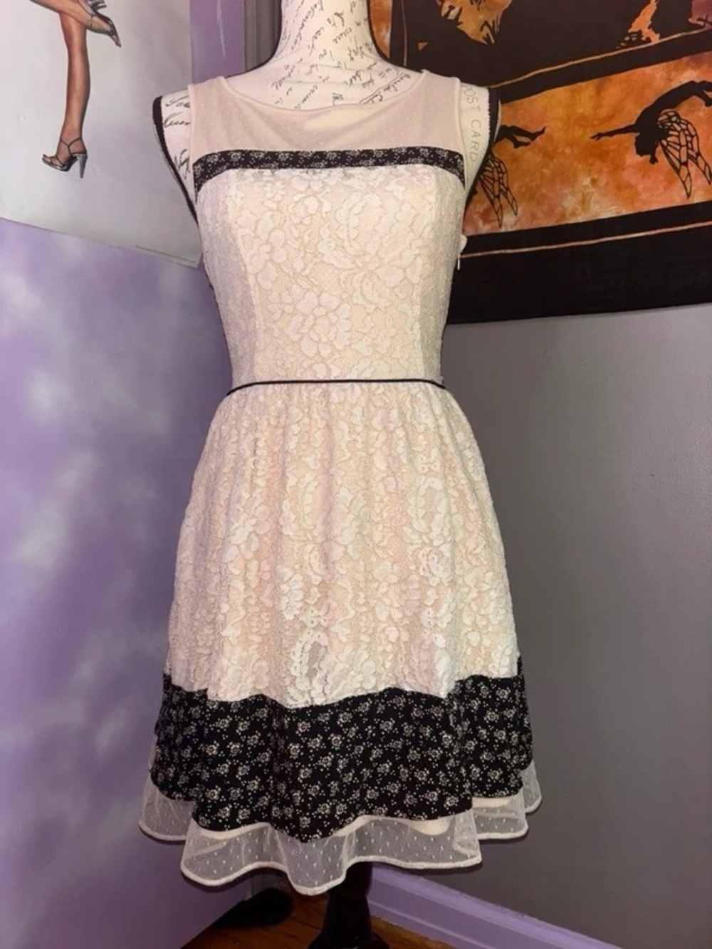 Elegant Cream Lace Maxi Dress with Black Floral Trim